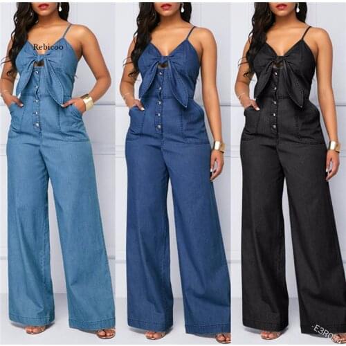 Womens Denim Jumpsuit Bandage Bow Decor Low-Cut Sling Top High Waist Loose Wide Leg Jeans with Pockets Sleeveless Overalls