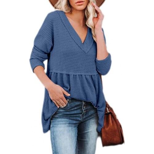 Women V-Neck Long Sleeve Women Stitching Folds Blouse Pullover Autumn Winter Flowy Hem Solid Color Tunic Tops Streetwear