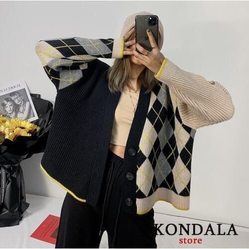 KONDALA Womens Sweaters Casual Patchwork Argyle Print Za 2020 Cardgians Mujer Long Batwing Sleeve Loose Sweater V-Neck Sexy Top