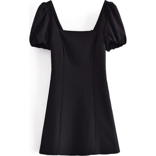 Women Square Collar Mini Dress Elegant Puff Short Sleeve A Line Dresses Sexy Backless Bow Tie Side Zipper Short Dress