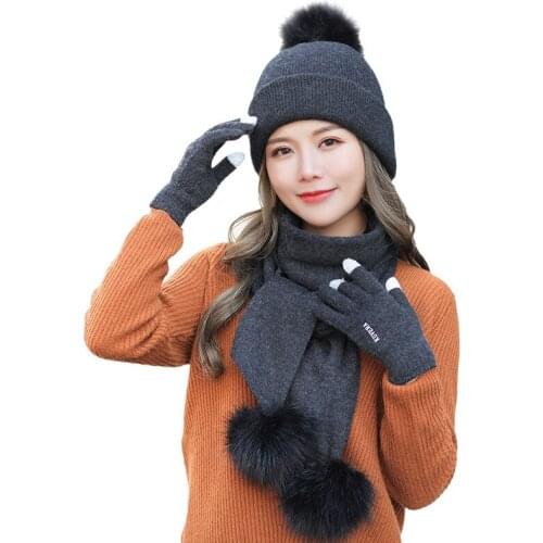 2019 Winter Women Hats Scarf Gloves 3pcs set For Girls Thick Cotton Winter Women Accessories Hats Set Female Beanie Scarf Gloves