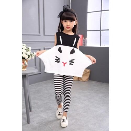 2020 new summer Girl clothes Sets 3D Cat Lovely print Children Tracksuit kids clothing suit toddler Sleeveless t shirt+pant 2pcs