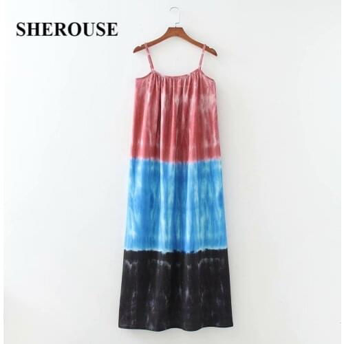 2021 Women Chic Summer Tie Dye Dress Vintage Thin Straps Patchwork Maxi Long Halter Dresses Woman Robe femme