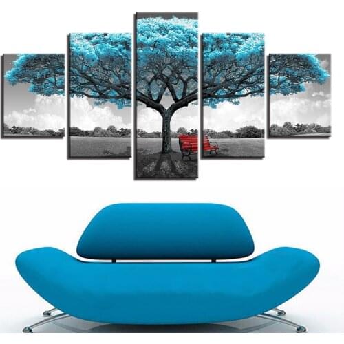 Canvas Prints Paintings Framework Living Room Decor 5 Pieces Blue Big Tree Red Chair Pictures Abstract Landscape Poster Wall Art