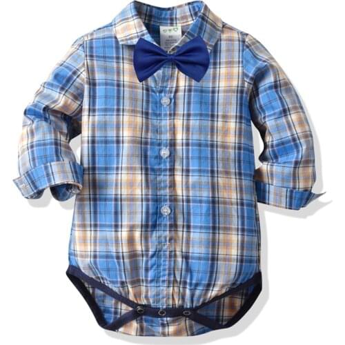 Newborn Baby Plaid Romper Bow Clothes for Baby Boy Long Sleeve Clothes Boys Blue Rompers Kid Formal One-piece