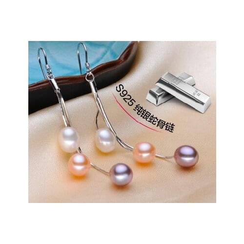 925 Silver 8-9mm Size Natural REAL Pearl Earrings Cultured Wedding Bridal Dangle Earrings Freshwater Pearl Fashion Jewelry