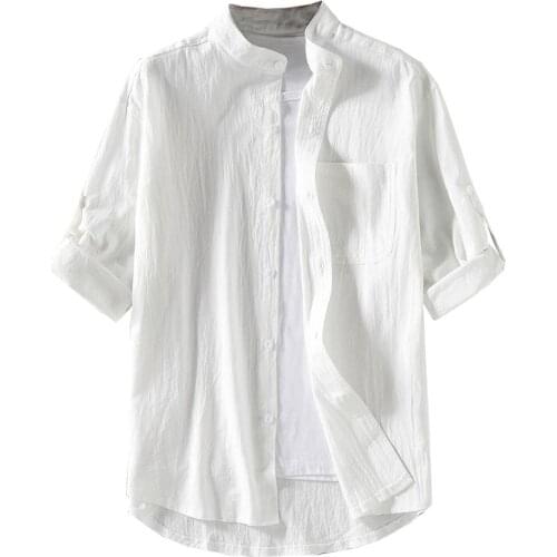 Shanghai Story Mens Linen Cotton Shirt Mandarin Collar Casual Long Sleeve Loose Fit Summer Beach Shirts