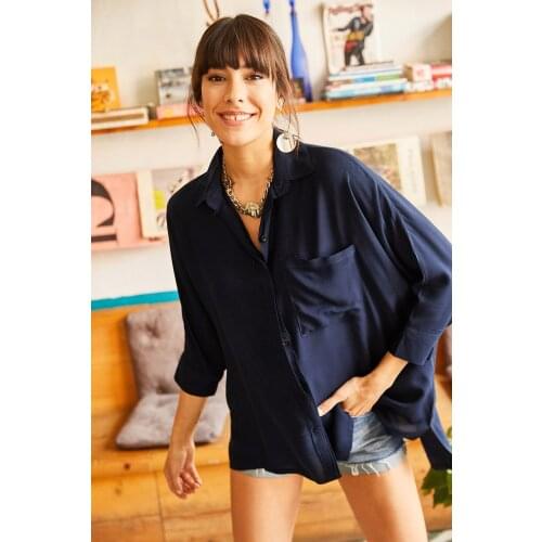 Womens Navy Blue Temporary Shed With Pockets Shirt, Casual, Cotton Fabric, Modern Design, Four Seasons Long-Sleeve, collar