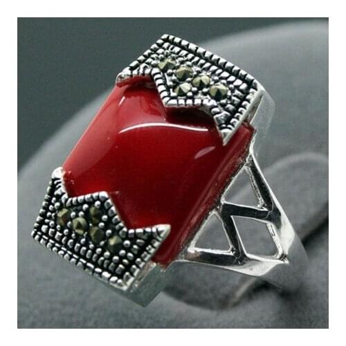 12*20mm FANCY RARE VINTAGE RED CORAL BELT MARCASITE RING SIZE 6/7/8/9