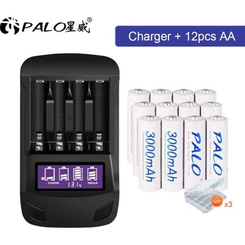 12pcs aa battery 1.2v ni-mh aa rechargeable battery rechargeable and lcd aa battery charger for ni-mh aa