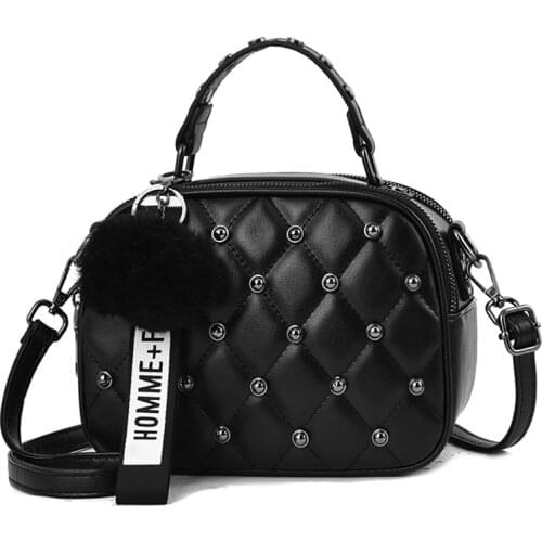 2021 Hair Ball Shoulder Messenger Bag Ladies Small Rivet Handbags Travel Hand Bag Mini Pu Leather Crossbody Bags for Women