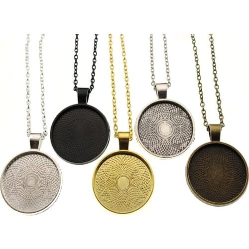 5Pcs 25mm Chain Necklace Pendant Base Setting DIY Cabochon Cameo Tray Bezel Blank Lobster Clasps Chains Necklace Jewelry Making