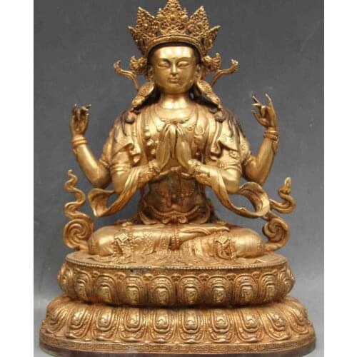 China classical copper Bronze Four Arm Hands Kwan-Yin Bodhisattva Buddha Statue