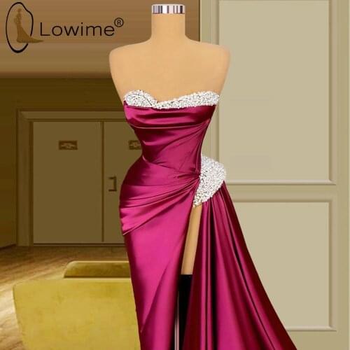 Lowime Purple Sexy High Slit Mermaid Evening Dresses 2021 Vestidos De Fiesta Robe Longue Formal Satin Party Gowns for Weddings