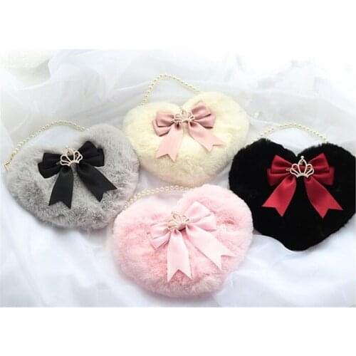 Kawaii Heart-shaped Lolita Girl Messenger bag Harajuku Plush Bow JK Uniform Cute Furry Chain Shoulder Bag Handbag B841