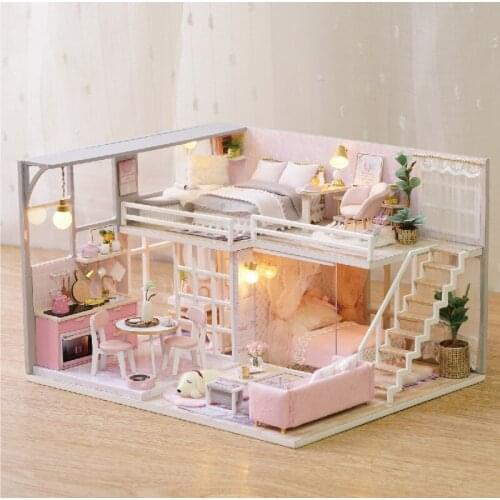 L025 DIY Miniature Dollhouse With Dust Cover Pink Girl Apartment Wooden Girlish Dream Doll House Furniture Kit Toys For Children