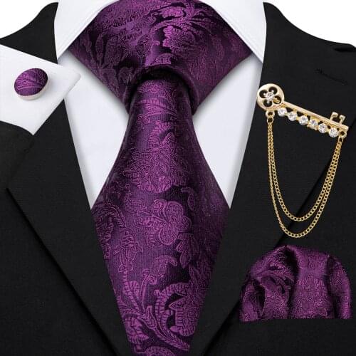 New Fashion Paisley Men Tie Purple Floral Striped Jacquard Silk Tie Necktie Handkerchief Cufflinks Brooch Set Wedding Party