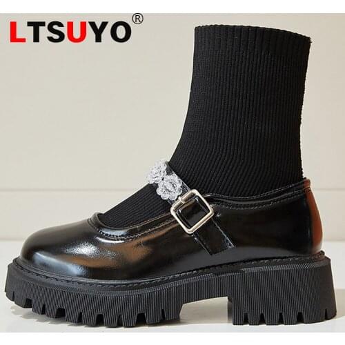 New winter Mary Jane socks and boots, fashionable casual leather shoes, student womens shoes, thick-soled womens leather shoes