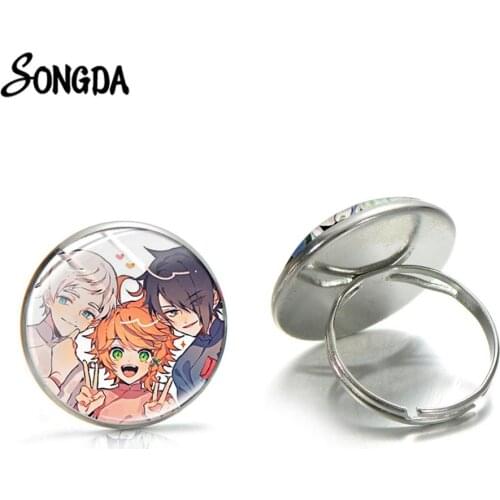 The Promised Neverland Art Phtoes Ring Round Glass Cabochon Cartoon Adjustable Open Rings for Women Men Cosplay Jewelry