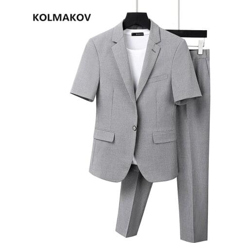Jacket+Pants)2021 new style summer Mens Suits Slim Fit half sleeve Suits Business Casual Wedding Groom Suits Men DT16