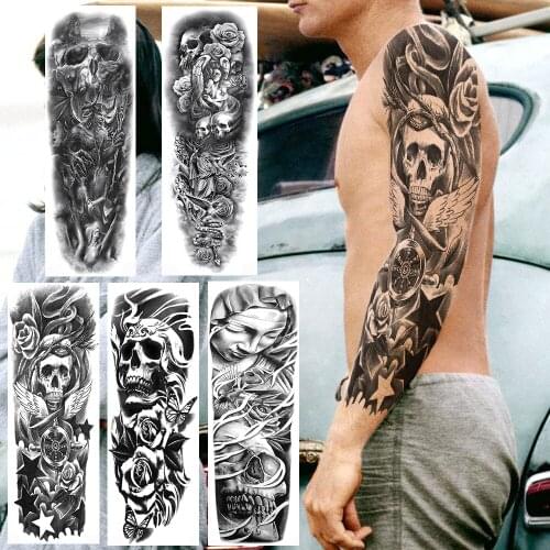 Realistic Full Arm Fake Skull Temporary Tattoo For Men Women Rose Compass Body Art Tattoo Sticker Disposable Angel Monster Tatoo