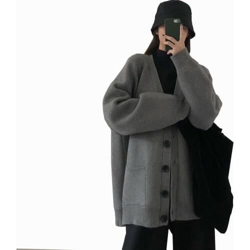 Oversized Loose Black Gray Cardigans Sweater Casual Long-sleeved Single-breasted Clothes Korean Fashion Cardigan Sweater