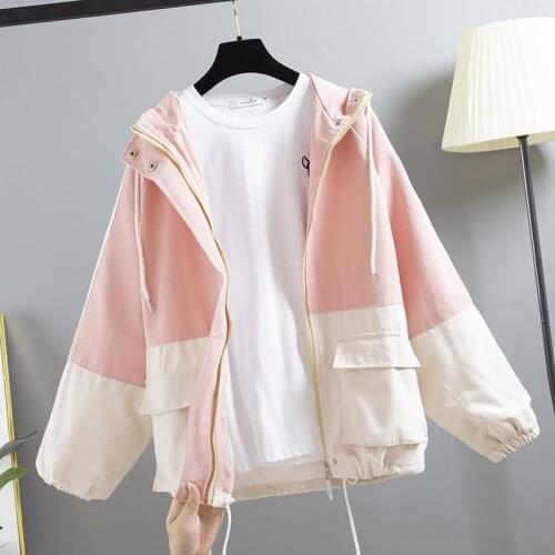 2020 Autumn Women Jacket Long Sleeve Casual Hooded Coat Korean Style Harajuku Female Windbreaker Loose Patchwork Jackets P737