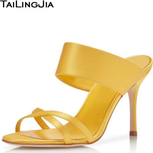Yellow High Heel Mules Orange Sandals Women 2021 Summer Ladies Dress Shoes Red Heels Heeled Slippers Large Size Female Footwear