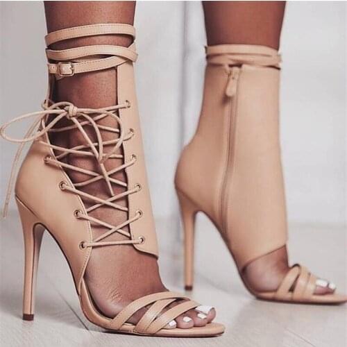 Roman Buckle Strap Shoes Women Sandals Sexy Gladiator Lace Up Peep Toe Sandals High Heels Woman Ankle Boots Black Aprict