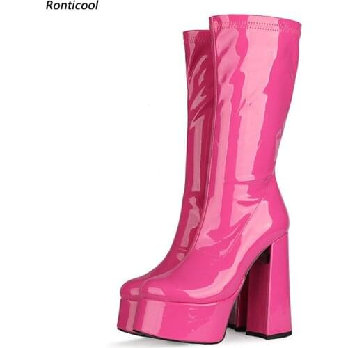 Ronticool New Women Winter Mid Calf Boots Block Heel Round Toe Black Fuchsia Sky Blue Yellow Beige Party Shoes Plus US Size 5-13