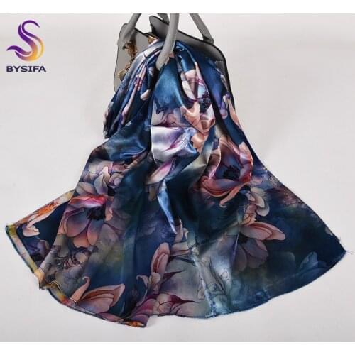 [BYSIFA] 2021 Blue Pink Women Satin Silk Scarf Shawl Fashion Brand Chinese Water Lily Design Long Scarves Headscarves 160*70cm