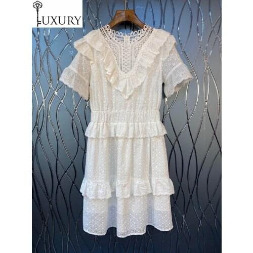 New High 2020 Quality Spring Summer Cotton Princess Ladies Hollow Out Lace Embroidery Short Sleeve Sweet Pink White Dress