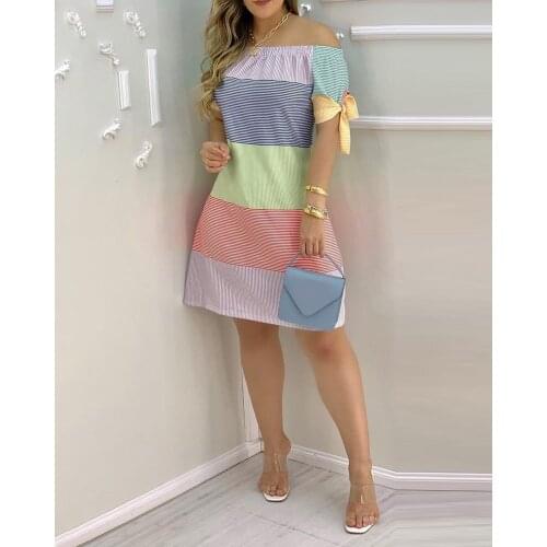 Women Dress Casual A-Line Stripe Stripped Off Shoulder Lace Up Short Sleeves Mini Sweat Dress