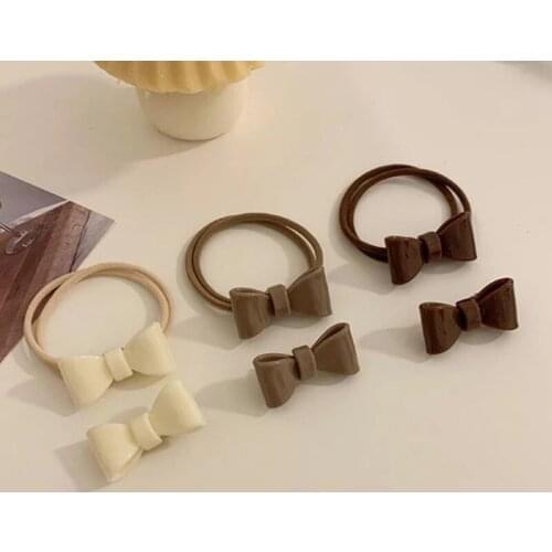 2PCS/Set Creamy Chocolate Color Acrylic Bowknot Hair Rope Hair Clip for Women Girls Cute Autumn Winter Hair Accessories Gifts