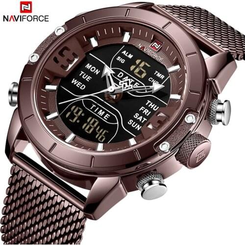 2021NAVIFORCE Top Luxury Brand Stainless Steel Sports New Men Watch Army Military Calander Dual Display LED Waterproof Watches