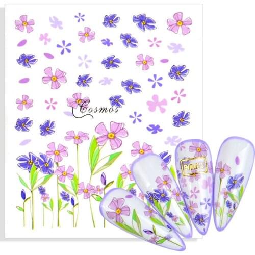 3D Nail Sticker Cute Flower Series Nail Water Decals Green Leaf Pattern Tranfer Sticker Nail Art Decoration Watermark Slider