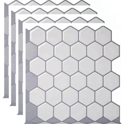 4 Pcs 3D Mosaic White Vinyl Sticker Hexagon Self Adhesive Peel and Stick Wall Tiles for Kitchen and Bathroom Decoration