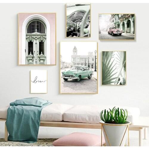 Architecture Vintage Green Cuba Car Peacock Landscape Poster Painting Canvas Print Wall Art Picture Modern Home Room Decoration