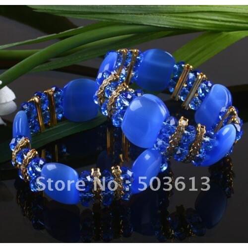 One piece fashion Blue Cats Eye&Crystal Double Tiers Bead Elastic Bracelet Bangle gcb1145