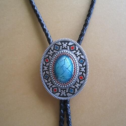 Silver Plated Oval American Native Southwest Patterns Oval Bolo Tie Wedding Leather Necklace Neck Tie