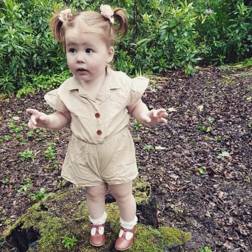 Cotton baby girls suit collar mustard cream solid color ruffle flutter sleeve button elastic waist jumpsuit romper
