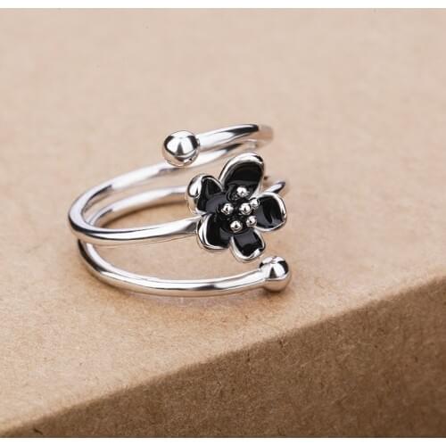Trendy 925 sterling silver Drip Oil Black Rose Flower Adjustable Rings for Girl Open Ring Women Sterling Silver Jewelry
