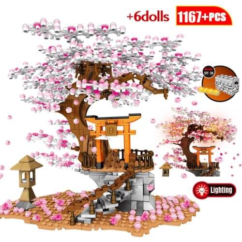 City Street View Idea Sakura Stall Inari Shrine Bricks Friends DIY Cherry Blossom Landscape House Building Block Toys for Girls