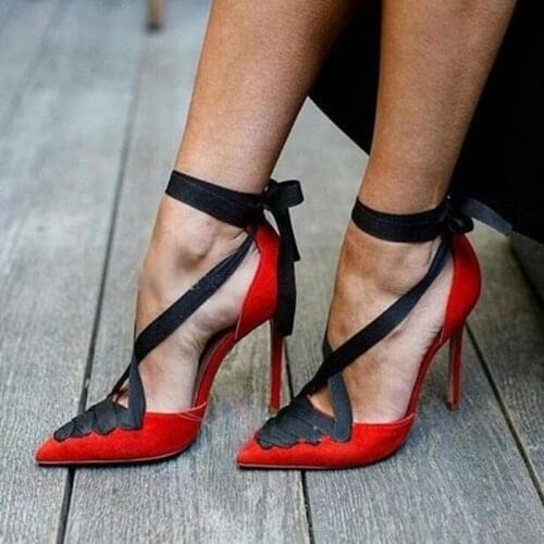 Red Suede Black Ribbon Lace-up Stiletto Heel Pumps Pointed Toe Patchwork Dress Shoes Hollow Women Popular Party Shoes Size45