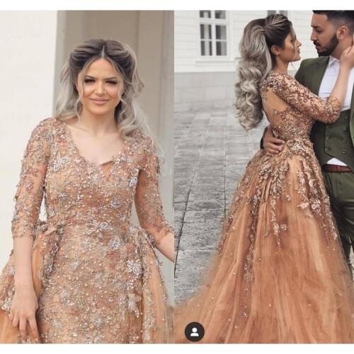 Pretty Champagne Lace Mermaid Evening Dresses With Detachable Train Modest Three Quarter Sleeves Prom Gowns Vestidos De Festa
