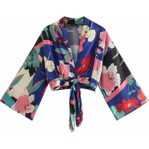 MESTTRAF Women 2021 Fashion With Knot Printed Crop Blouses Vintage Three Quarter Sleeve Female Shirts Streetwear