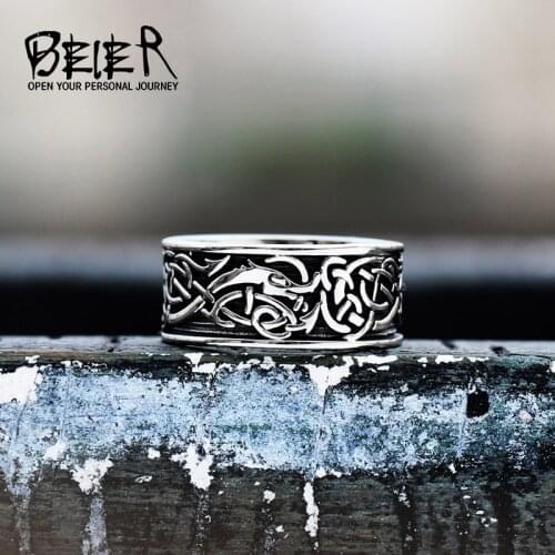 Beier Stainless Steel Geometric Solid Fashion Ring Dragon pattern Mens/Women Polishing Viking Jewelry BR8-712