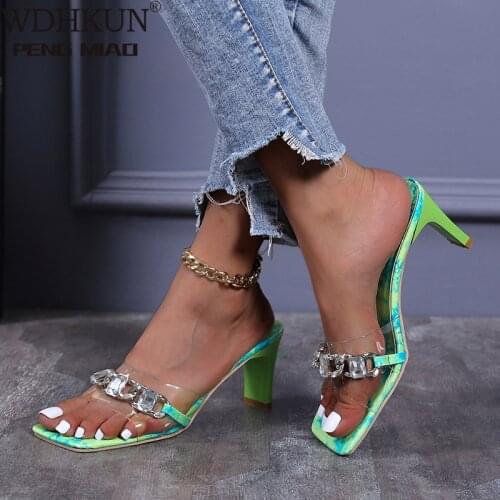 Latest Green Color Shoes for Women Sandals 2021 Fashion Women Clear Rhinestone Heels High Heels Sexy Ladies Ladies Dress Shoes