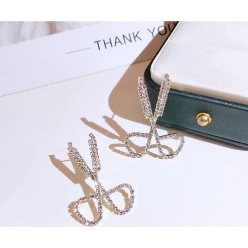 MESTILO New Trendy Gold Color Exaggerat Geometric Scissors Shape Rhinestone Stud Earrings For Woman Classic Fashion Jewelry Gift
