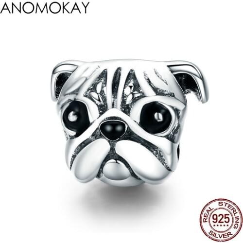 Anomokay 100% 925 Sterling Silver Cute Pug Dog Head Charm fit Bracelet & Necklace Lovely S925 Silver Animal Bead for DIY Jewelry